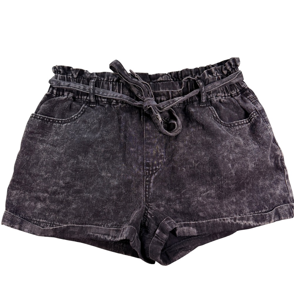 TGLA Shorts Paperbag Waist 100%‎ Cotton Large Black Acid Wash High Rise Boho